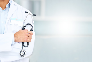 Image showing Closeup, mockup space and doctor with stethoscope, man and medicine with surgeon, physician and hospital. Zoom, person or hand with healthcare professional, medical equipment and employee with career