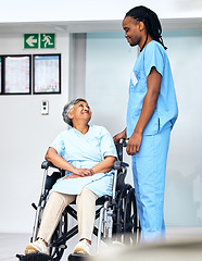 Image showing Healthcare, wheelchair and senior patient with her nurse in an assisted living home for care or service. Medical, smile and a black man caregiver working to help an elderly woman with a disability