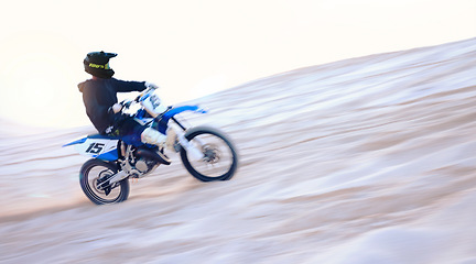 Image showing Motorbike, desert and fast man training for sports, motion blur or travel journey outdoor. Motorcycle, speed and driver on sand, dirt and off road for freedom, race challenge and extreme competition