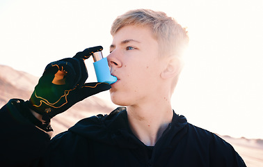 Image showing Nature, man and an inhaler for asthma during exercise for a breathing emergency or medical help. Desert, biker and a racer or person with support for lungs after a race or outdoor competition