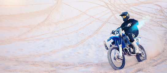 Image showing Fitness, desert and athlete on motorbike for action, adrenaline and skill training for challenge, Sports, sand dunes and man biker practicing for race, competition or performance adventure at a rally