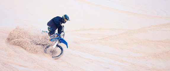 Image showing Motorcycle, person and extreme sport in desert for training with fitness, balance or challenge in nature on mock up space. Bike, freedom and adventure for competition and talent with safety gear