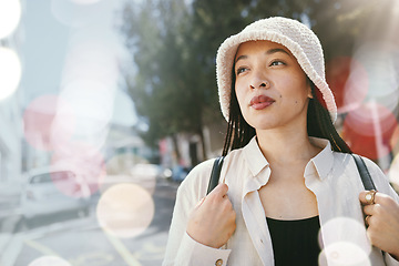 Image showing Thinking, fashion and woman in city on bokeh to travel, freedom and adventure. Dream, style and person in urban town on journey, trip or vision of idea for tourist on summer holiday in street outdoor