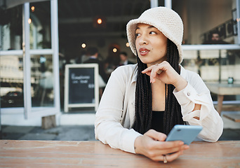 Image showing Thinking, woman and phone for communication, social media and internet chat with technology or connectivity. Smartphone, person and connection or online scroll for information, conversation and text