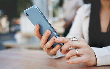 Image showing Woman, phone and hand with bokeh for communication, social network and internet chat with technology. Smartphone, person and connection or online scroll for information, conversation and texting