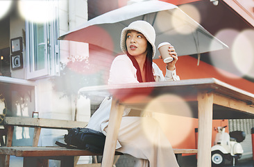 Image showing Outdoor, coffee shop and woman relax with drink at cafe, restaurant or patio at bistro with gen z in streetwear or urban fashion. City, style and trendy girl drinking cappuccino in cup with bokeh