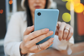 Image showing Phone, woman and hand with bokeh for communication, social network and internet chat with technology. Smartphone, person and connection or online scroll for information, conversation and texting