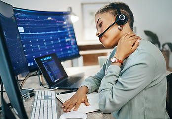 Image showing Frustrated woman, call center and neck pain of broker or consultant in stress, burnout or ache at office. Female person or agent with headphones or injury in stock market finance or debt at workplace