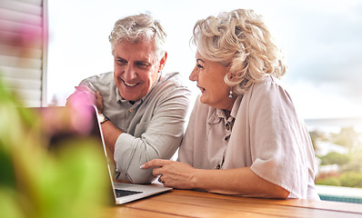 Image showing Happy, email and senior couple with a laptop for communication, home budget or ecommerce. Online banking, love and an elderly man and woman with a computer for planning retirement or working on tech