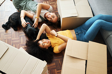 Image showing Moving, boxes and couple with a dog in new home, living room or women relax together on floor bonding with puppy or pet. Girls, laughing and happiness in house with people, love and animal from above