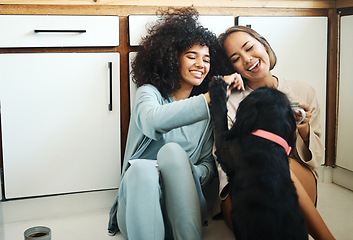 Image showing Happy, couple or friends with dog in kitchen, home or relax with coffee, drink and eating breakfast on the floor of apartment. Women, playing and pet or animal in house with love and care for puppy