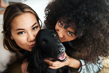 Image showing Dog, portrait and women with kiss on sofa in living room of home for puppy, love and happiness indoor. Labrador, animal and people together on couch with cuddling and care for bonding and loyalty