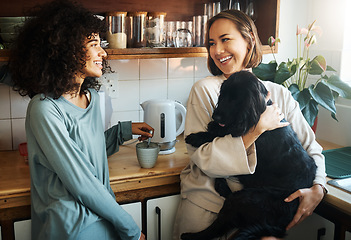 Image showing Happy, dog and morning with lesbian couple in kitchen for relax, support and care. Canine animal, love and smile with gay women and pet puppy at home for bonding, playful and happiness together