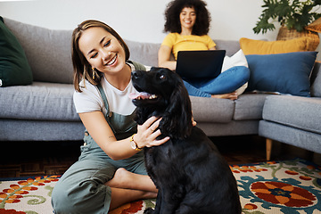 Image showing Pet, relax or happy woman with dog in house living room on floor to hug with trust, loyalty or love. Wellness, freedom or girl playing with an animal with care, support or kindness on mat at home