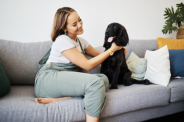 Image showing Care, love and woman with dog in home sofa to relax and play with animal. Pet owner, happy and asian person on floor with companion, smile and wellness or friendship and together in cozy apartment