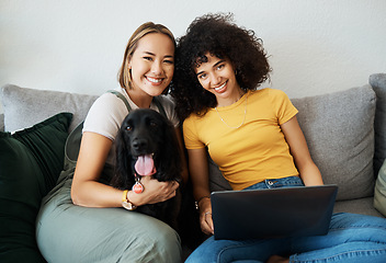 Image showing Lgbtq, women and couple with dog on sofa together in lounge of home with happiness for relax, support and wellness. Portrait, people and pet on couch in living room of apartment with smile and love