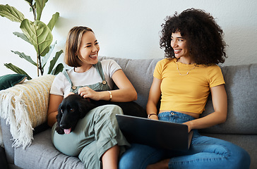 Image showing Dog, laptop or gay couple on sofa to relax together in healthy relationship love connection. Lgbtq, online or lesbian women with a pet animal to hug, play or bond on living room couch for remote work