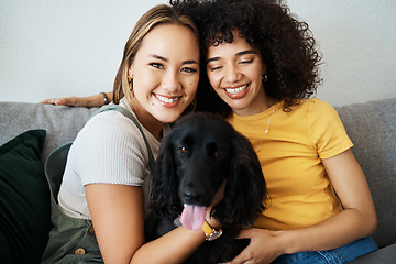 Image showing Dog, portrait or happy lesbian couple in home to relax together in healthy relationship or love connection. Lgbtq, pet care or proud gay women smile with an animal to hug or bond on living room sofa