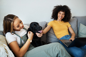 Image showing Dog, laptop or gay couple in home to relax together in healthy relationship love connection. Lgbtq, online or lesbian women with a pet animal to hug, play or bond on living room sofa for remote work