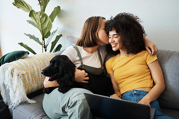 Image showing Dog, laptop or gay couple kiss on sofa to relax together in healthy relationship love connection. Whisper, home or happy lesbian women with a pet animal to bond on living room couch for remote work