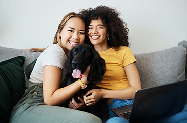 Image showing Dog, portrait or happy gay couple in home to relax together in healthy relationship or love connection. Lgbtq, pet care or lesbian women smile hugging an animal to bond in house living room on couch