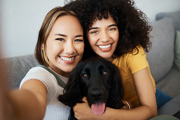 Image showing Dog, portrait or lesbian couple in selfie in home to relax together on social media for profile picture or memory. Lgbtq, pet animal or happy gay women smile in photo with bond or care in living room