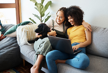 Image showing Dog, laptop or gay couple hug on sofa to relax together in healthy relationship love connection. Lgbtq, home or happy lesbian women with a pet animal to bond on living room couch for remote work