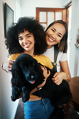 Image showing Portrait, women and holding dog with smile in living room of home for puppy, love and happiness indoor. Labrador, animal and people together in house with cuddling and care for bonding and loyalty