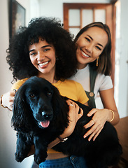 Image showing Women, portrait and holding dog with smile in living room of home for puppy, love and happiness indoor. Labrador, animal and people together in house with cuddling and care for bonding and loyalty