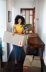 Image showing Portrait, new home and woman moving box, plant and smile in apartment. Real estate, happy person with boxes and pot for packing in cardboard or unboxing for property relocation in hallway of house