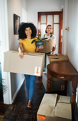 Image showing Excited, homeowner or couple with boxes, lesbian or moving with real estate, achievement or happiness. Queer people, happy women or girl with marriage, mortgage or new apartment with property or love