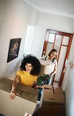 Image showing Boxes, homeowner and couple with love, lesbian or moving with real estate, achievement or excited. Queer people, happy women or girls with marriage, goals or new apartment with happiness or property