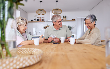 Image showing Playing cards, bonding and senior friends with coffee to relax in retirement with a game in a home. Talking, together and a senior man with women or people at a table for fun, break or happiness