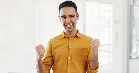 Image showing Celebration, winner and portrait of business man in office for bonus promotion, victory and goal. Face, excited professional and fist pump for achievement of success, target and winning lottery prize