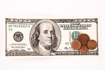 Image showing Hundred dollar bill and coins