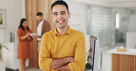 Image showing Portrait, smile and business man with arms crossed in office, startup company or creative workplace. Face, happy designer and confident professional, entrepreneur and employee or worker in Brazil.