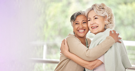 Image showing Smile, hug and old woman friends on space together for a visit during retirement in a senior home. Love, funny and happy elderly people embracing for support, unity or solidarity while bonding