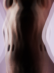Image showing Skin, texture and body in studio on double exposure for skincare, beauty and dermatology. Creative aesthetic, silhouette and stomach of person on purple background for wellness, art deco or cosmetics