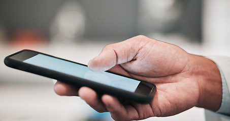 Image showing Man, hand and phone, scroll online for email or social media post with user experience on blurred background. Typing, internet search and connectivity on smartphone, contact and networking with tech.