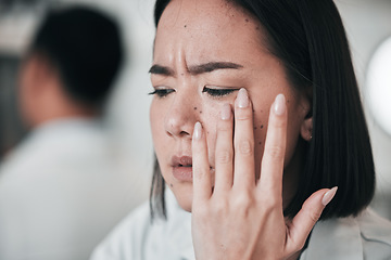 Image showing Confused, scientist and stress on face of woman in laboratory with mistake, error or fail in results of research. Frustrated, fatigue and professional burnout in science, lab or person with anxiety