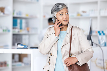 Image showing Phone call, pharmacy and shopping with woman in store for search, product and medicine consulting. Communication, healthcare and contact with mature customer for medical, wellness and prescription