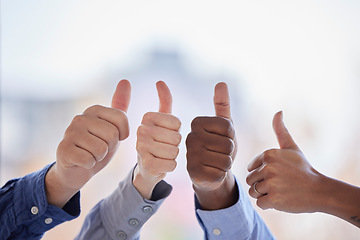 Image showing Business people, hands and thumbs up for teamwork, success and agreement with mockup space. Closeup, group and employees show like emoji, yes sign and thank you for collaboration, support and winning