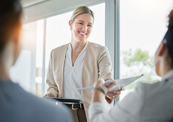 Image showing Manager, documents and planning and woman in meeting for strategy, data and research. Workshop, review and brainstorming with employees in office for collaboration, feedback and finance portfolio