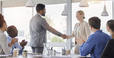 Image showing Handshake, applause and team of business people meeting for partnership, deal or agreement in office. Happy group clapping for collaboration, shaking hands and b2b integration, acquisition or success