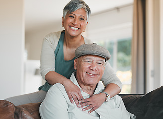 Image showing Senior couple, portrait and smile in home for retirement, marriage commitment and loyalty to partner. Happy man, woman and hug of support, trust and freedom to relax, love and together in living room