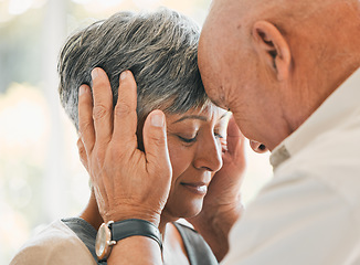 Image showing Forehead, marriage and senior couple with love, care and trust with bonding, happiness and peace. Romance, old man and elderly woman connect, home and calm with relationship, retirement and support