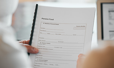 Image showing Person, hands and documents for pension fund, application or paperwork in retirement at home. Closeup of elderly or retired form, contract or plan for old age allowance, funding or insurance in house