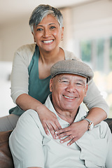 Image showing Senior couple, portrait and love in home for happy retirement, loyalty to partner and commitment to marriage. Man, woman and smile for support, trust and freedom to relax in living room together