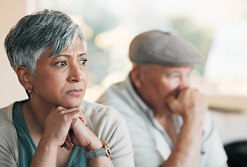 Image showing Face of couple, fight and conflict of divorce for breakup, argument and ignore partner at home. Sad, depressed and mature woman thinking of stress, crisis and frustrated for drama of marriage failure