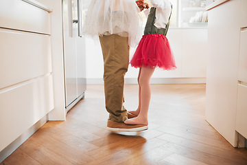 Image showing Legs, dance or person teaching kid steps, routine or youth development, ballet or performance. Music, home kitchen or parent helping, support or aid family child, dancer or ballerina learning recital